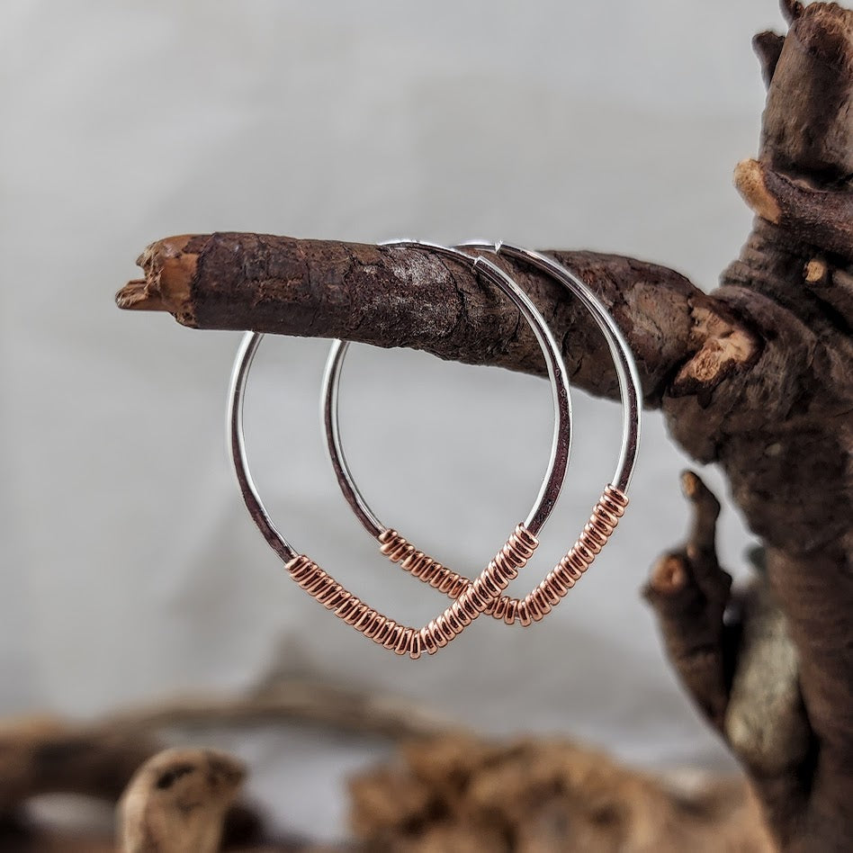Rounded Teardrop Silver Hoops - Copper Wrap