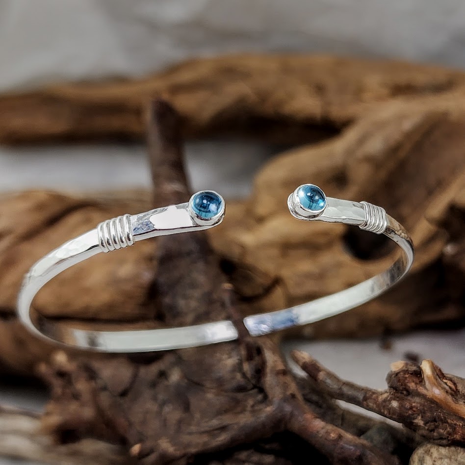 Blue Topaz Wire Wrap Silver Cuff - Adjustable