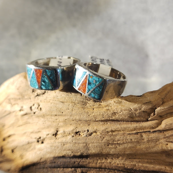 Vintage Turquoise/Coral silver band rings - Navajo, Circa 1950's to 60's