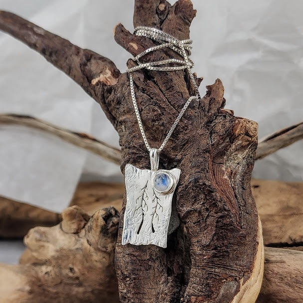 Whimsical 2 Tree Pendant - Rainbow Moonstone