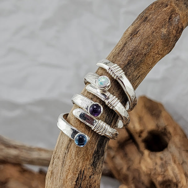Hammered Silver Adjustable Wrap Rings - 4mm Stones