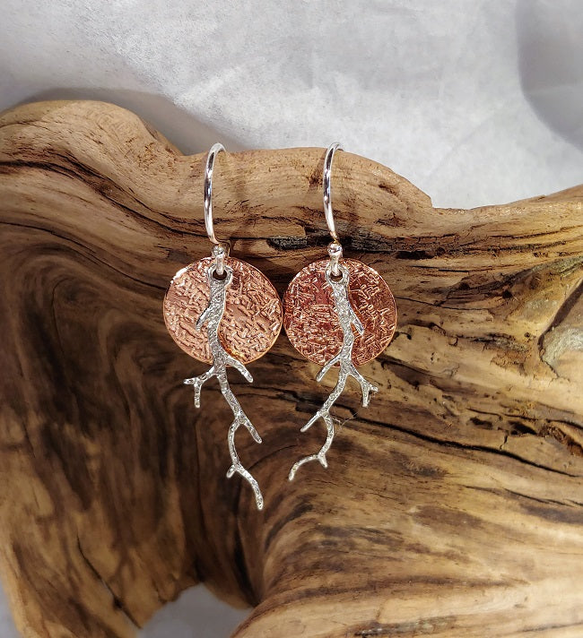 Silver Copper disc earrings with branch