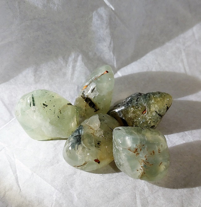 Prehnite with tourmaline - tumbled