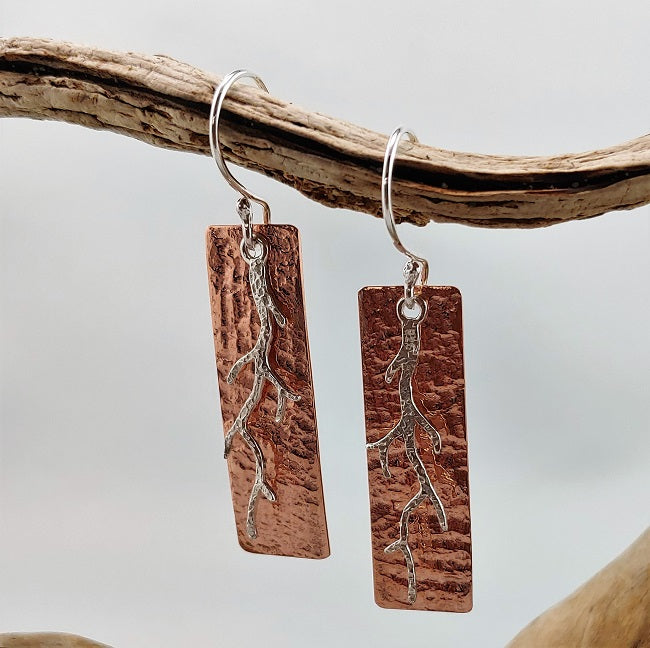 Hammered copper earrings with sterling branch