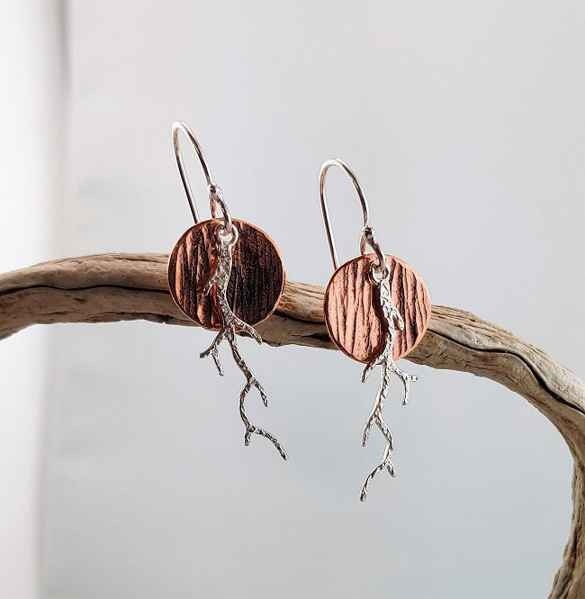 Silver Copper disc earrings with branch