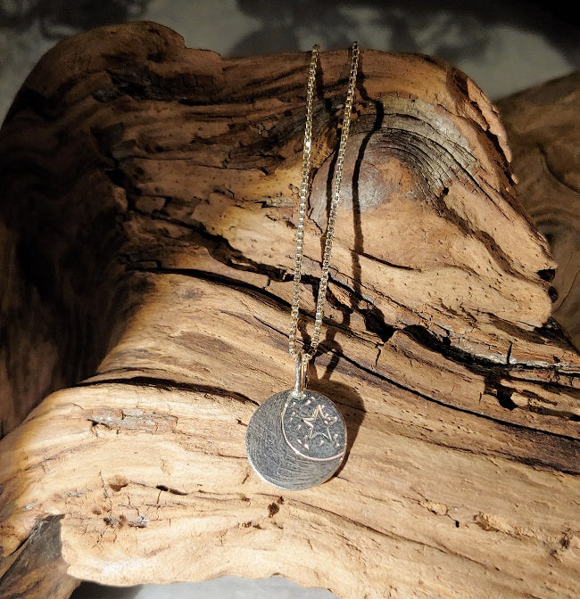 Disc pendant - stamped moon & star and hammered crescent