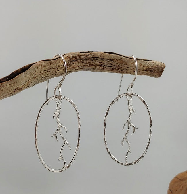 Hammered oval coral branch earrings