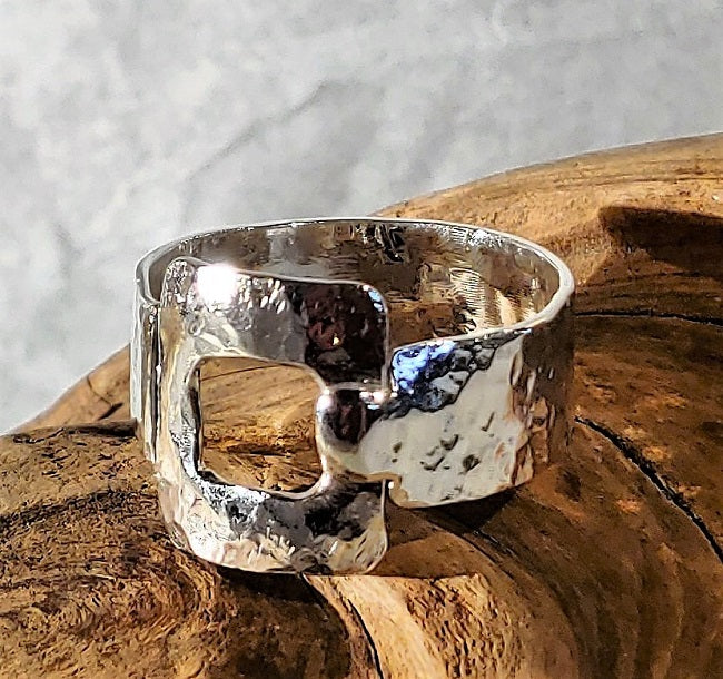 Organic hammered silver buckle ring