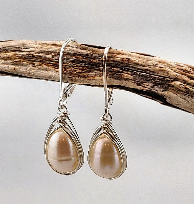Freshwater pearl leverbacks with silver herringbone wrap