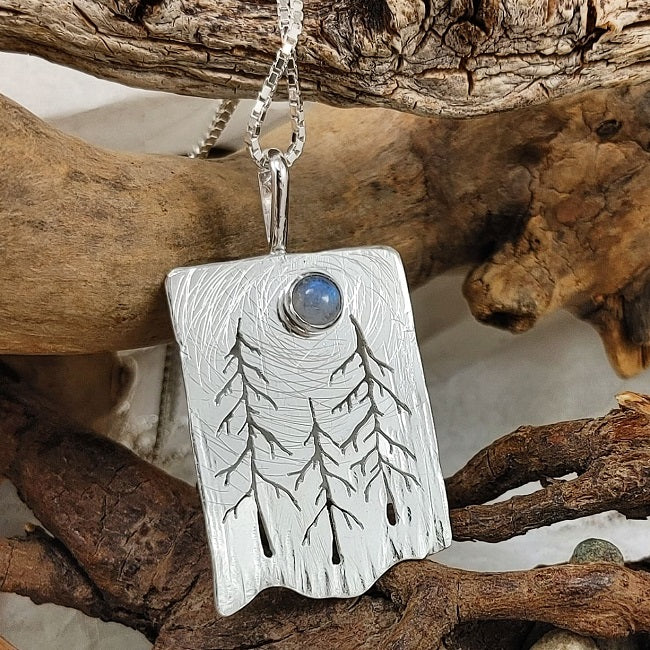 Three whimsical tree pendant - Rainbow Moonstone