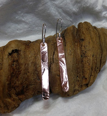 Long skinny patterned copper earrings - sterling ear wires