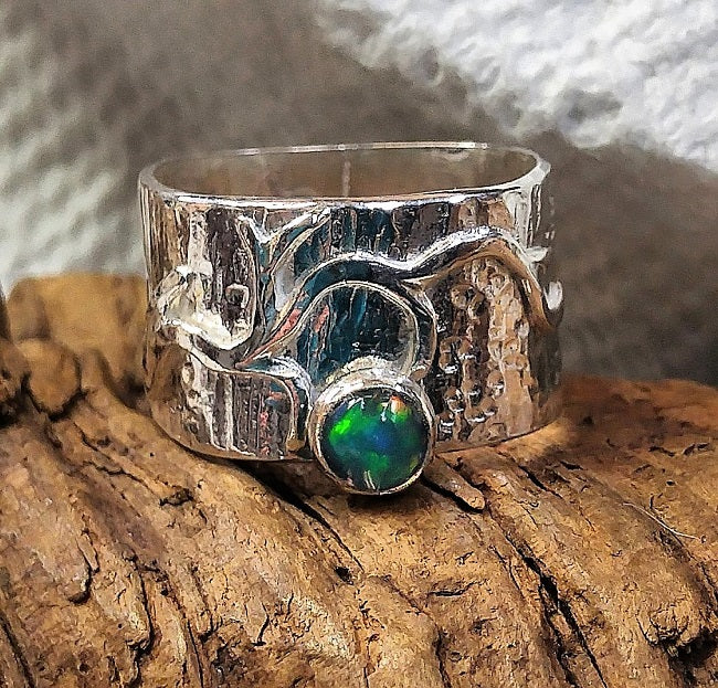 Wide sterling textured ring with branch element and Ethiopian Opal