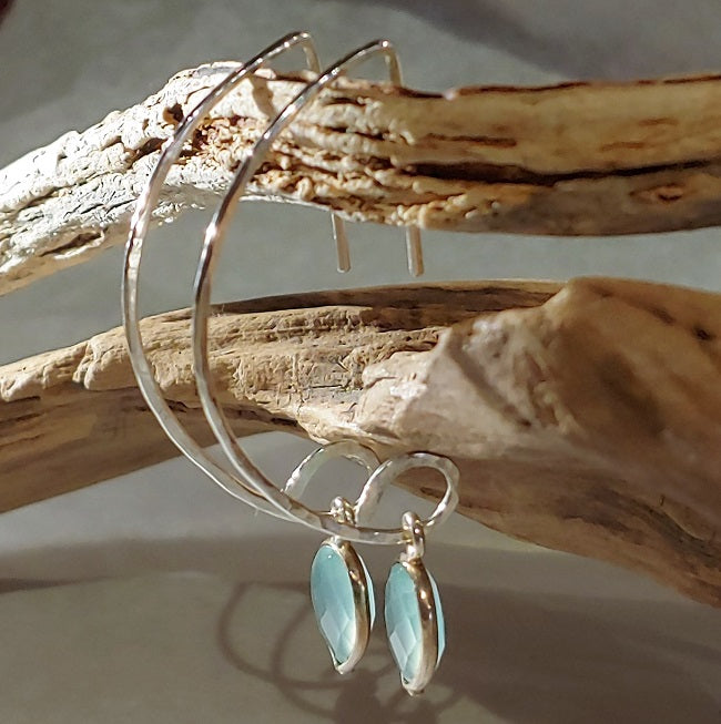 Sterling "D" hoops with faceted Aqua Chalcedony