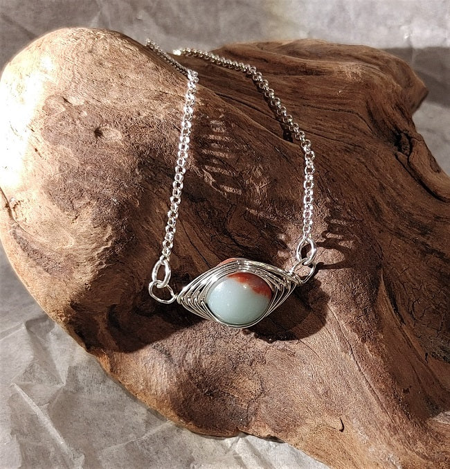 Aqua Chocolate Jasper pendant - silver herringbone wrap