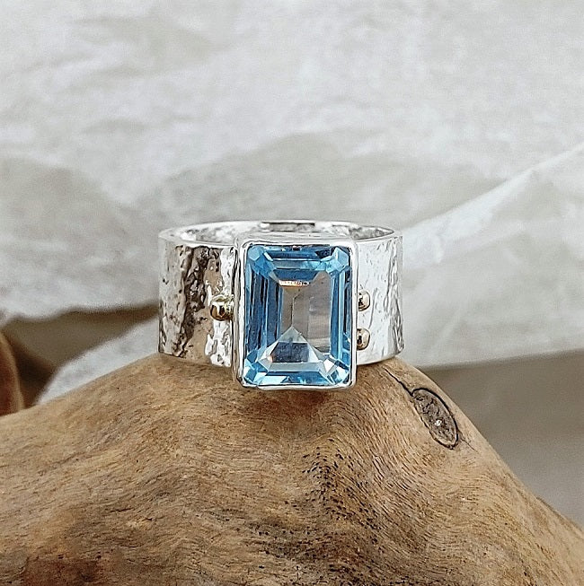 Aquamarine silver and 10 karat gold band ring