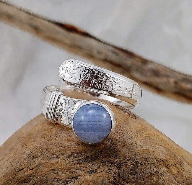 Heavy hammered silver wrap ring - Blue Lace Agate