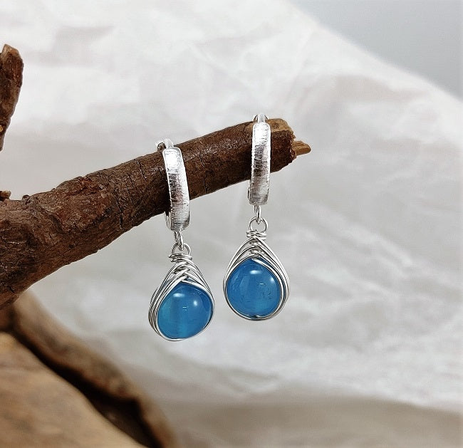 Blue Onyx herringbone wrapped huggie hoops