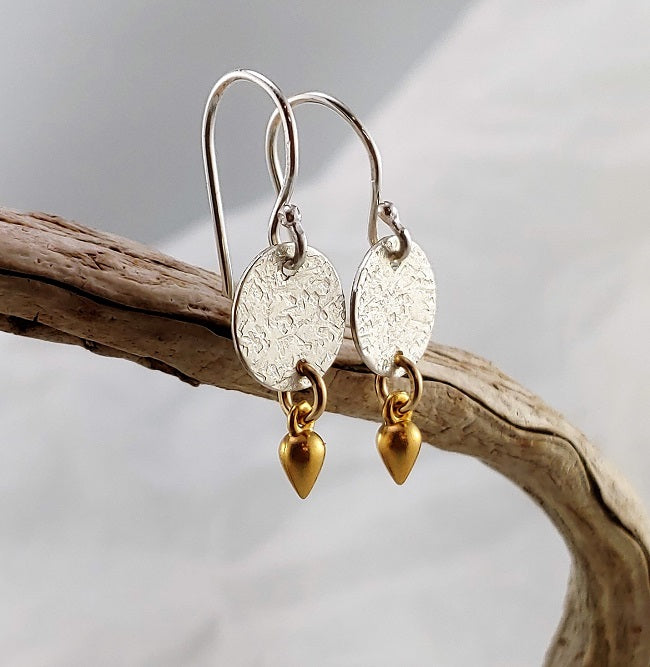 Hammered disc earrings with 24k vermeil dangle