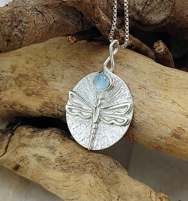 Dragonfly pendant - textured silver and stone