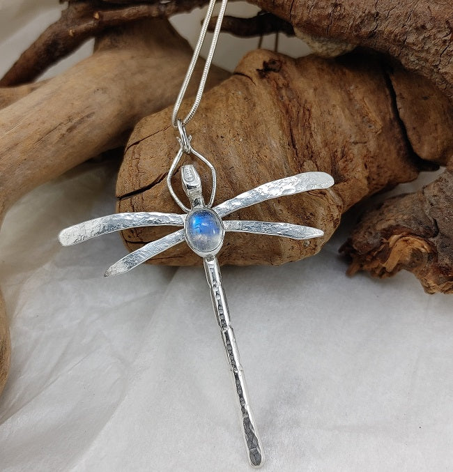 Dragonfly - OOAK heavy silver with Rainbow Moonstone