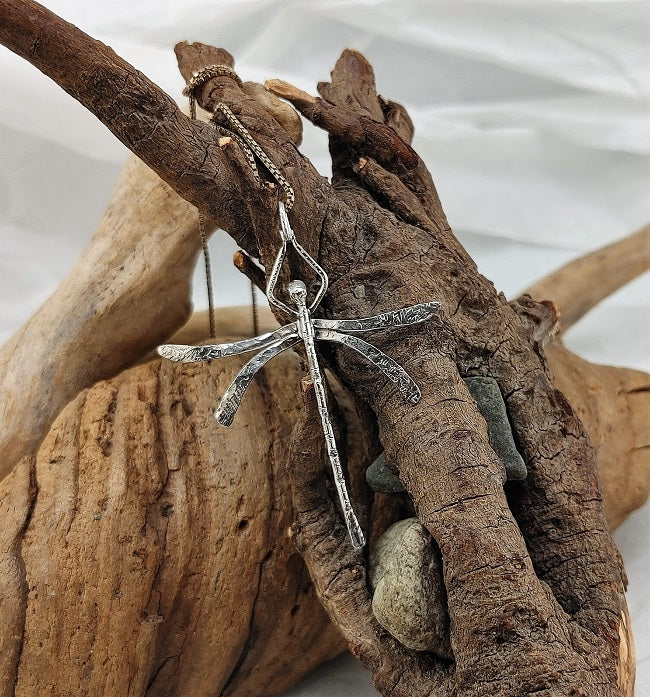 Dragonfly pendant with patina - hand forged
