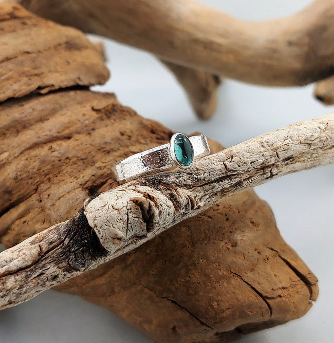 Flat band ring with Blue-Green Tourmaline
