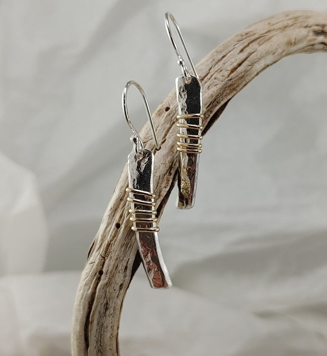 Hammered paddle earrings - silver with 14k gf wrap
