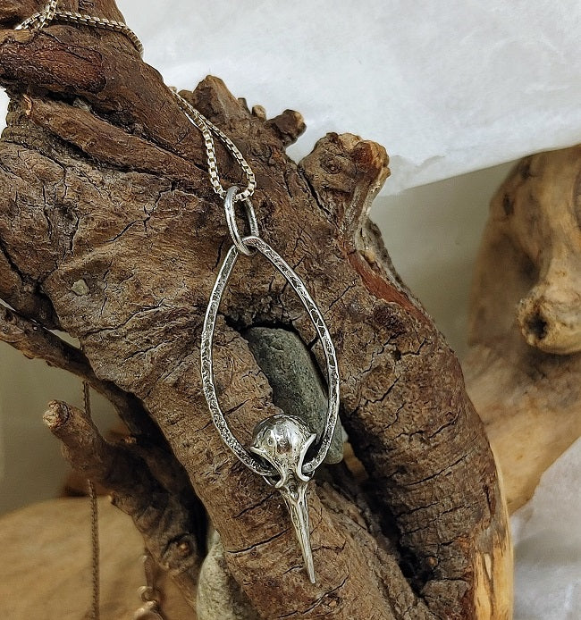Hummingbird skull pendant hammered teardrop