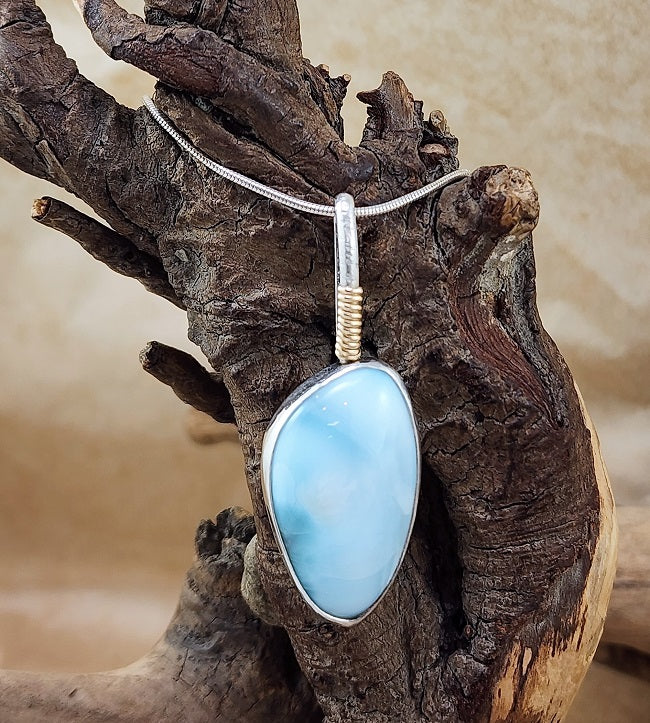 Larimar - freeform pendant pierced back - silver & 14k goldfill