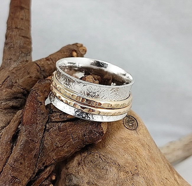 Meditation ring - 10mm wide silver with 14k goldfill