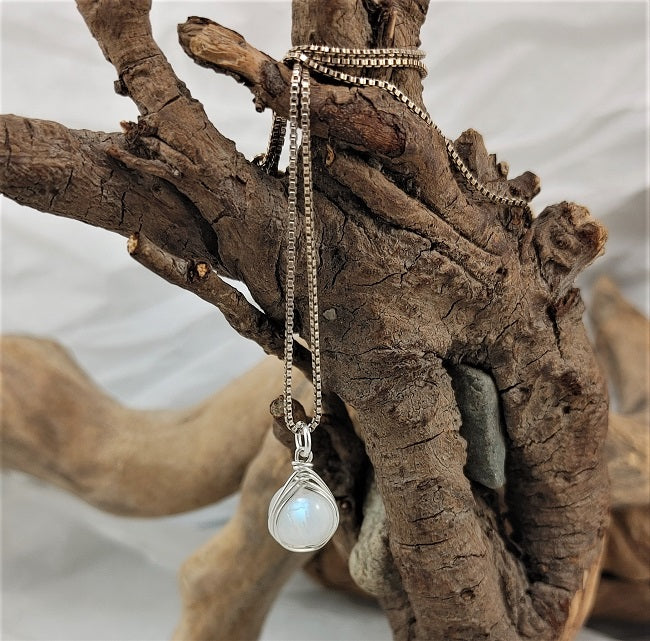 Rainbow Moonstone - silver herringbone wrap