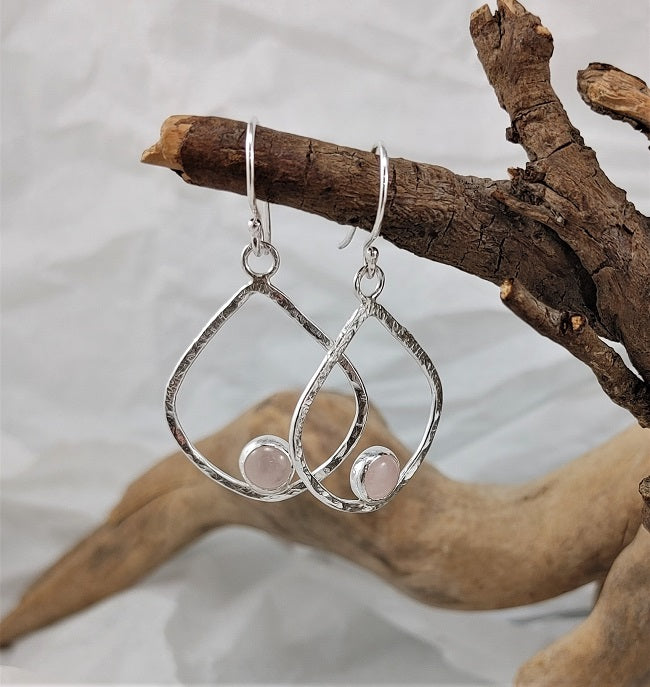 Rose Quartz hammered silver earrings