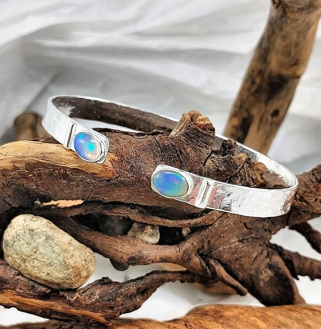 Welo Opal hammered silver cuff bracelet