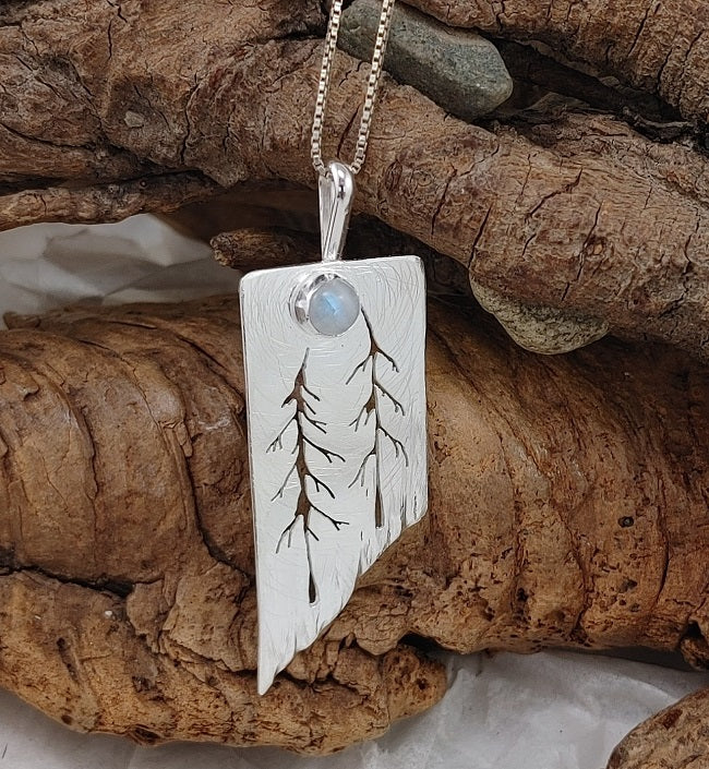 Whimsical two tree pendant with Rainbow Moonstone