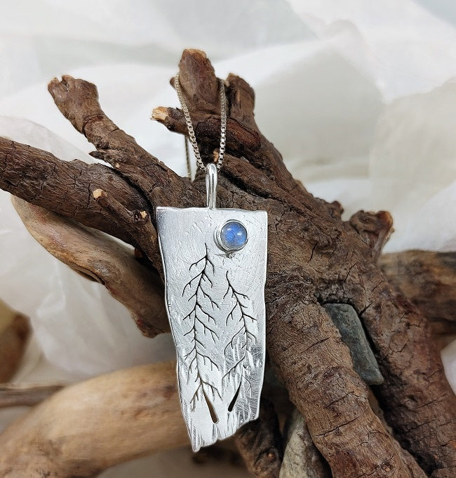 Whimsical two tree pendant - Rainbow Moonstone