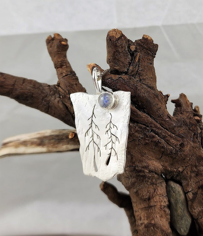Whimsical two tree pendant - rainbow moonstone