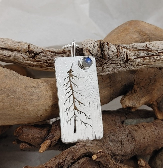 Whimsical one tree pendant - rainbow moonstone