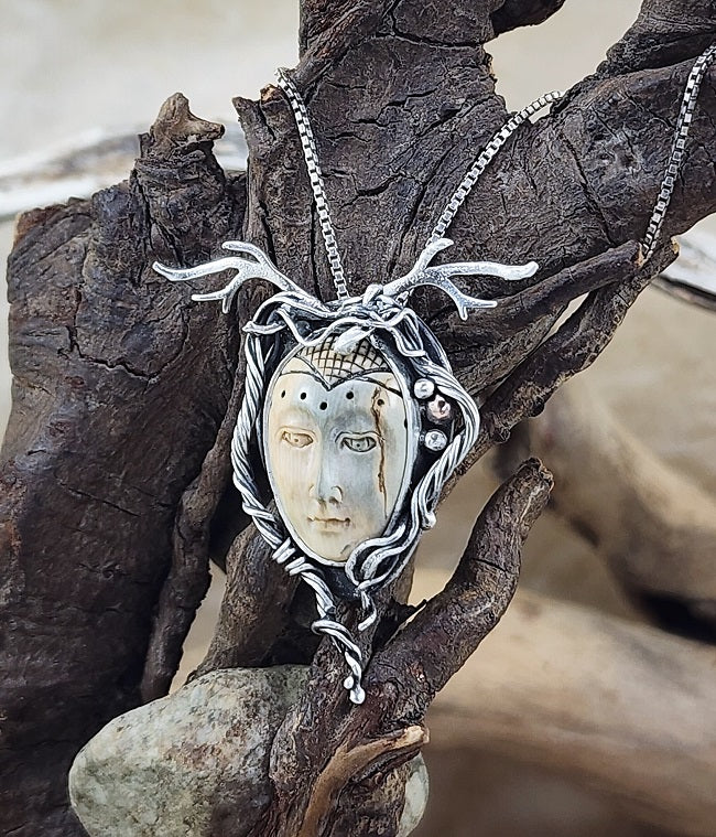 Wild Woman pendant - Silver & carved Ox Bone - OOAK