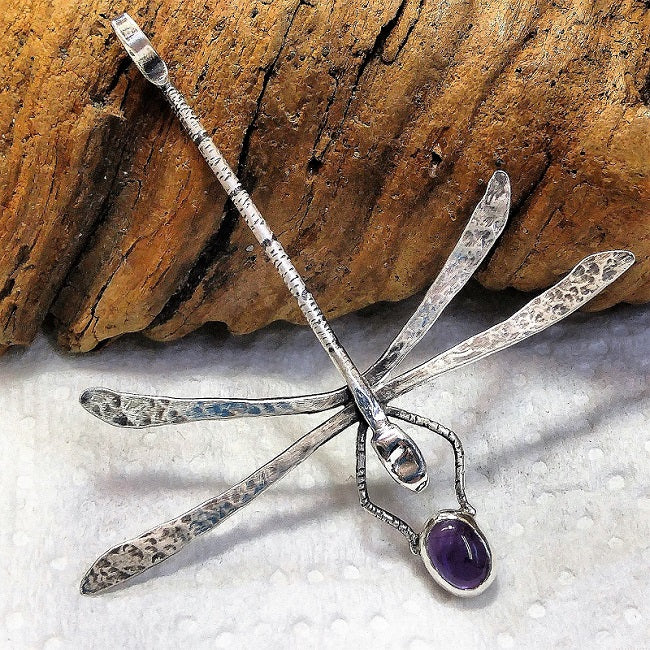 Hand-forged Dragonfly pendant - Sterling & Amethyst