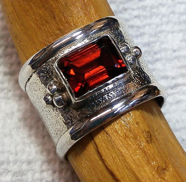 Wide sterling band ring with Vintage Garnet