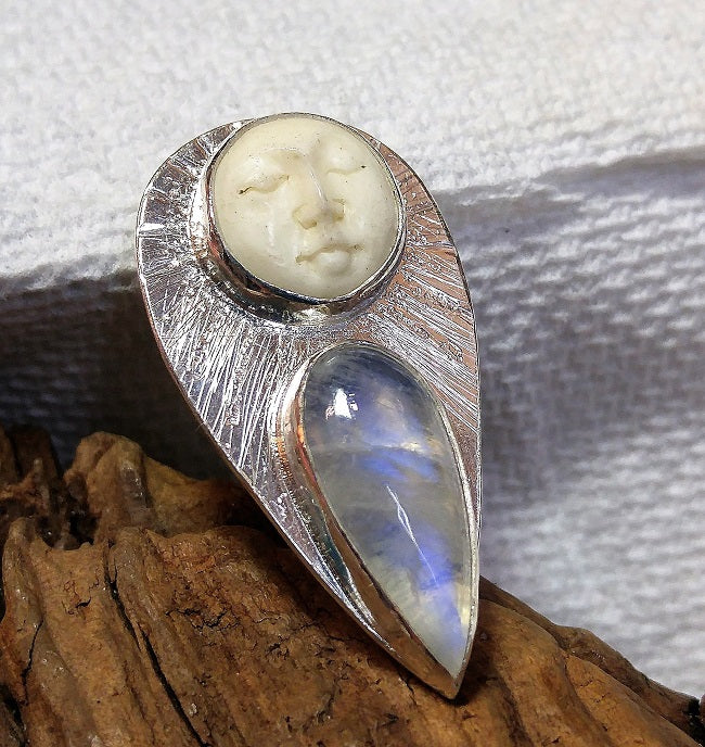 Rainbow Moonstone Ox-Bone Pendant - Sterling
